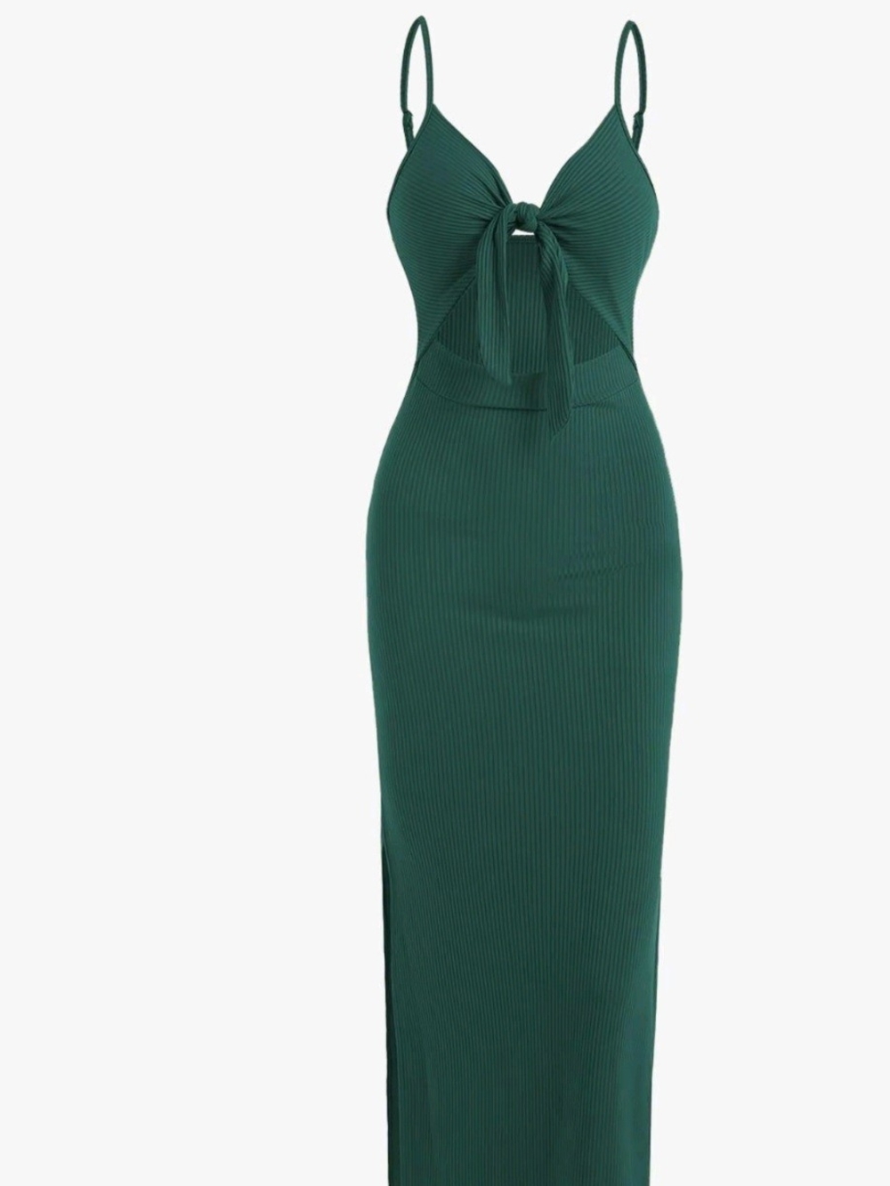 Medium...Green Tie-Front Ribbed Maxi Dress stretchy but has compression